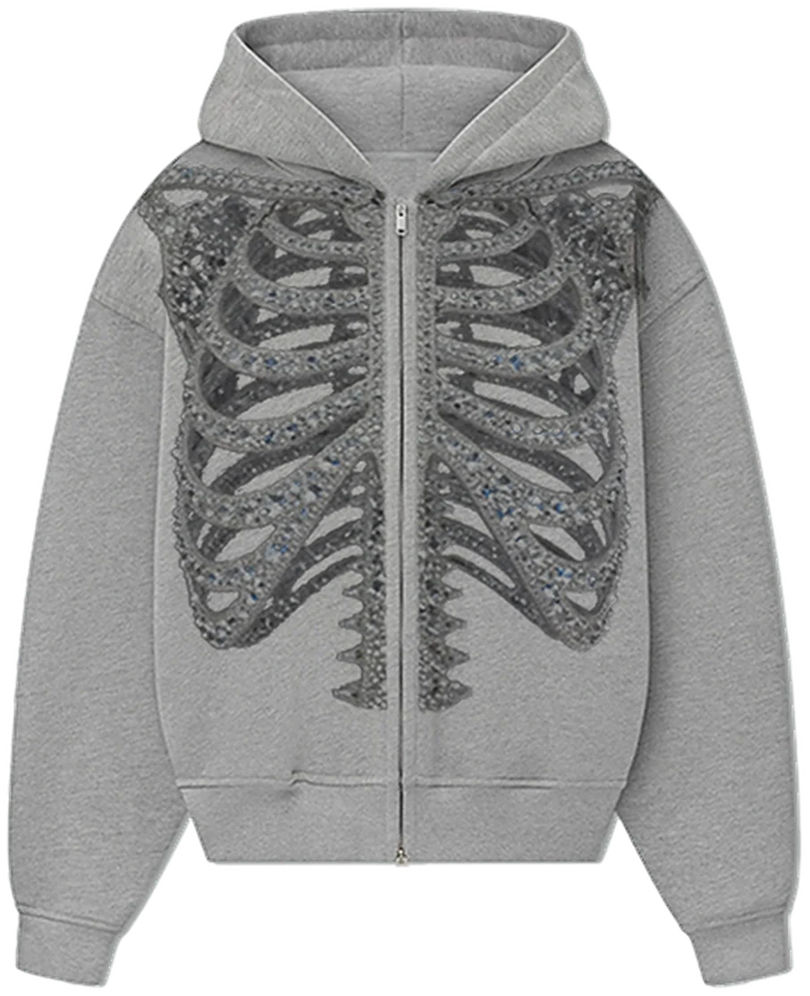 Ribcage zip hoodie in heather grey with a charcoal ribcage print and crystal stones, front view
